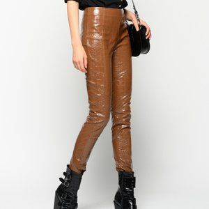 NWOT Pinko Skinny Pant In Crocodile Textured Faux Leather Brown Size Small